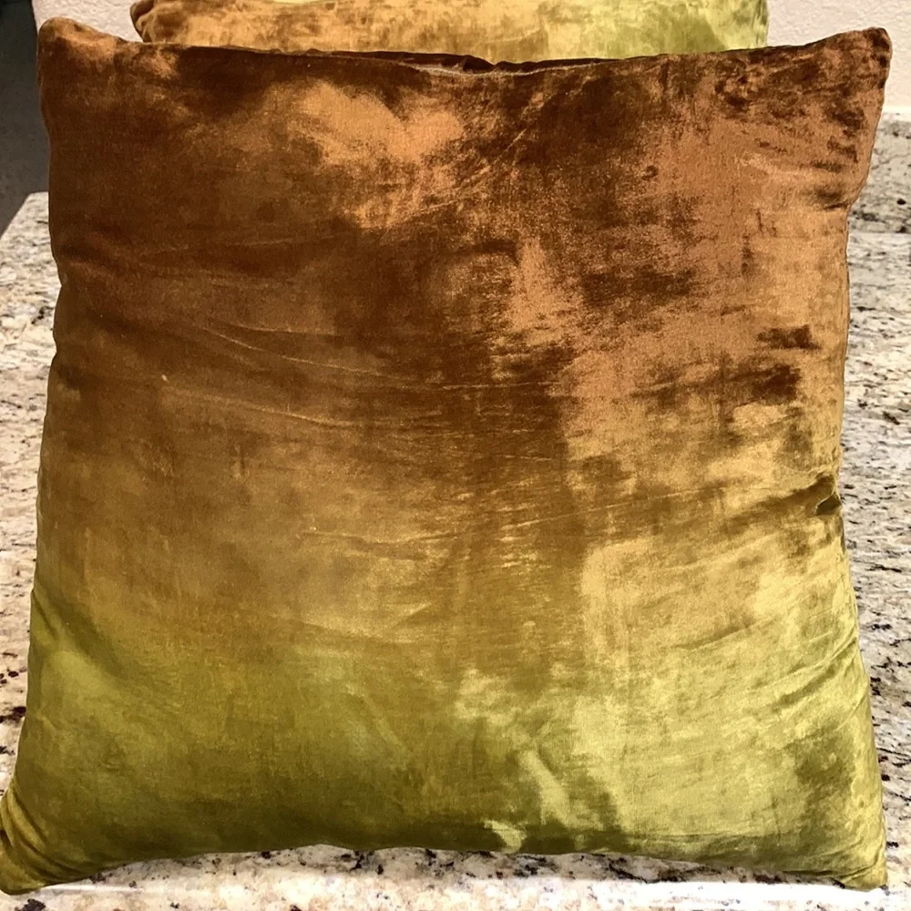 Pier One Velvet Two Color Green Brown Square Decorative Pillow Set